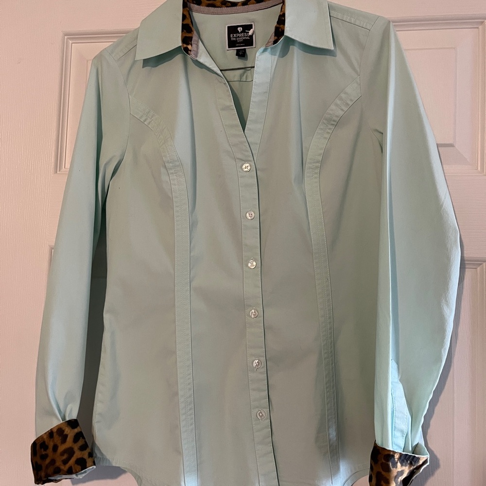 Mint Green Button-Up Shirt with Leopard Accents